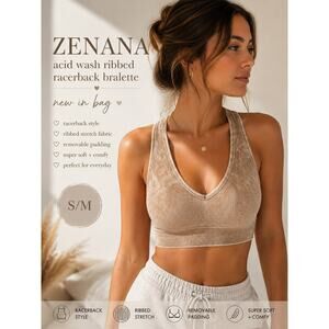 Zenana Acid Wash Ribbed Racerback Padded Bralette S/M NIB